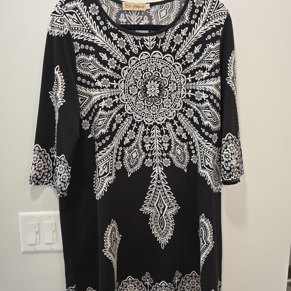 Impressions Black Tunic with White Medallion Print and Paisley Accents